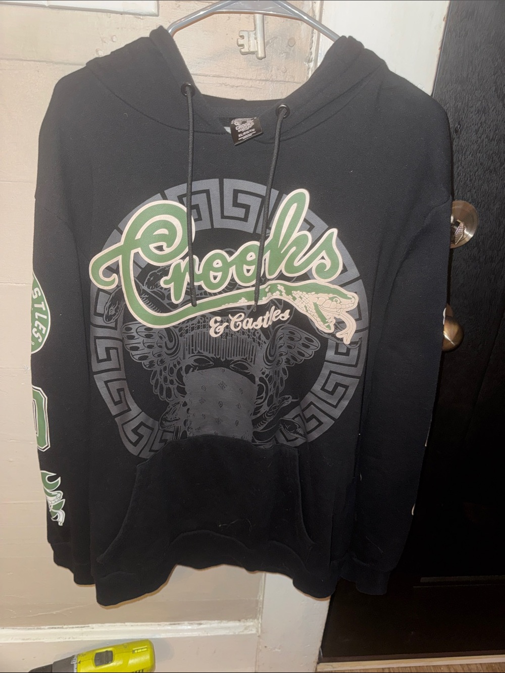Crooks & Castles Black Hoodie with Green and Cream Logo XL